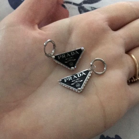 Prada Silver and Black Enamel Triangle Dangle Hoop Earrings (unisex) - Picture 1 of 5